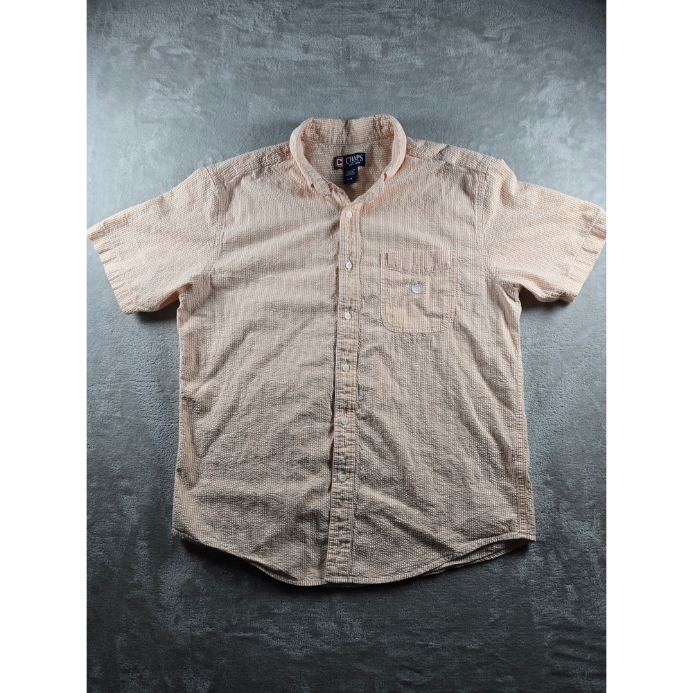 Chaps Seersucker Button Down Shirt Mens Large Orange‎ White Stripe Short Sleeve